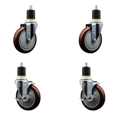 Service Caster 5'' SS Maroon Poly Wheel Swivel 1-7/8'' Expanding Stem Caster Set 2 Brakes, 4PK SCC-SSEX20S514-PPUB-MRN-2-TLB-2-178